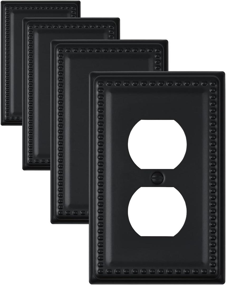 4-Pack Black Outlet Covers, Metal Single Duplex Wall Plates, Decorative Beaded Outlet Plate Covers for Receptacle Light Switch, 3.15" x 4.88", Midsize