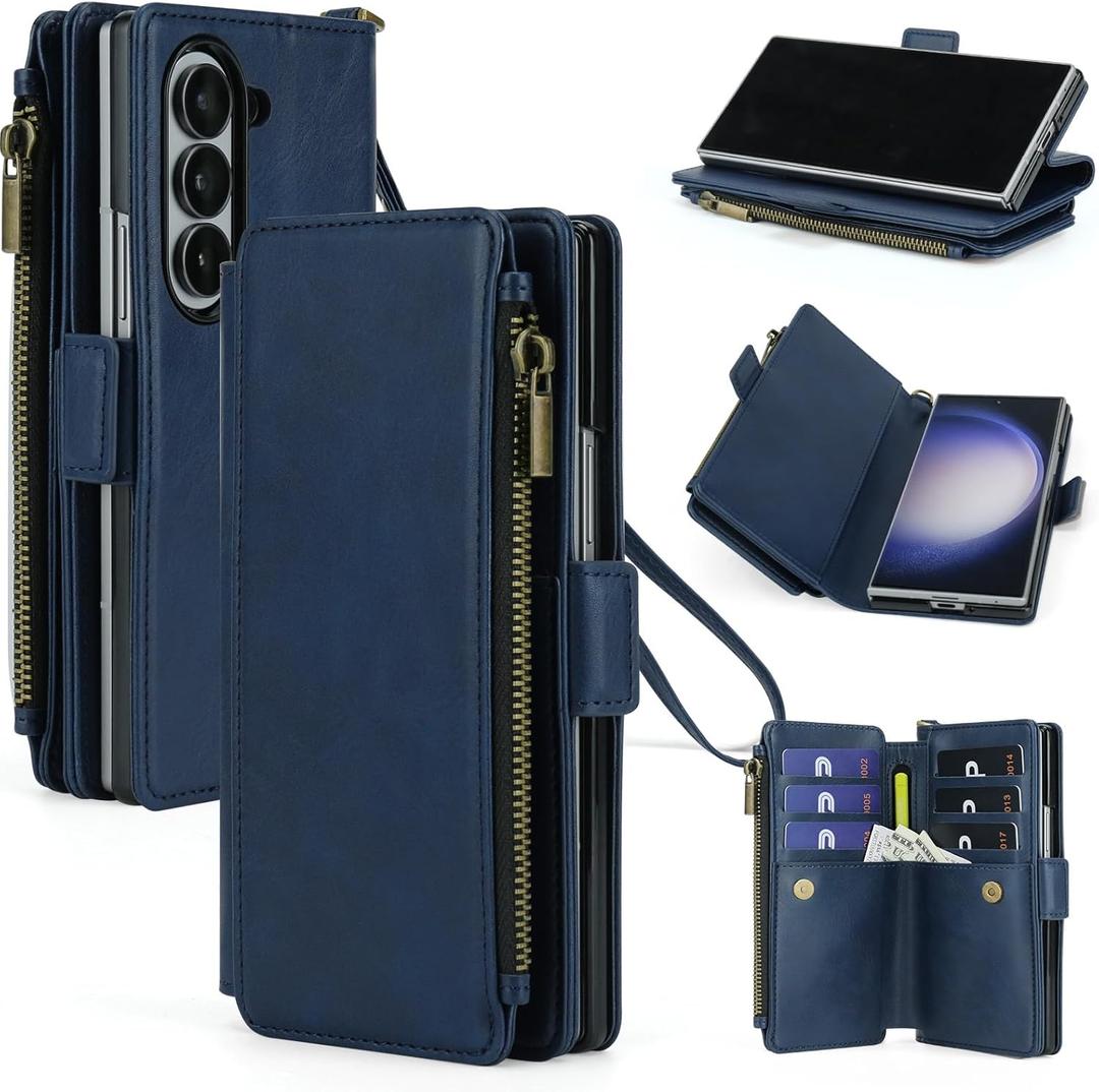 ASAPDOS for Samsung Galaxy Z Fold 6 Wallet Case with S Pen Holder,PU Leather Strap Wristlet Flip Case with Magnetic Closure[S-Pen Fully Compatible],Card Holder[RFID Blocking] and Kickstand Blue