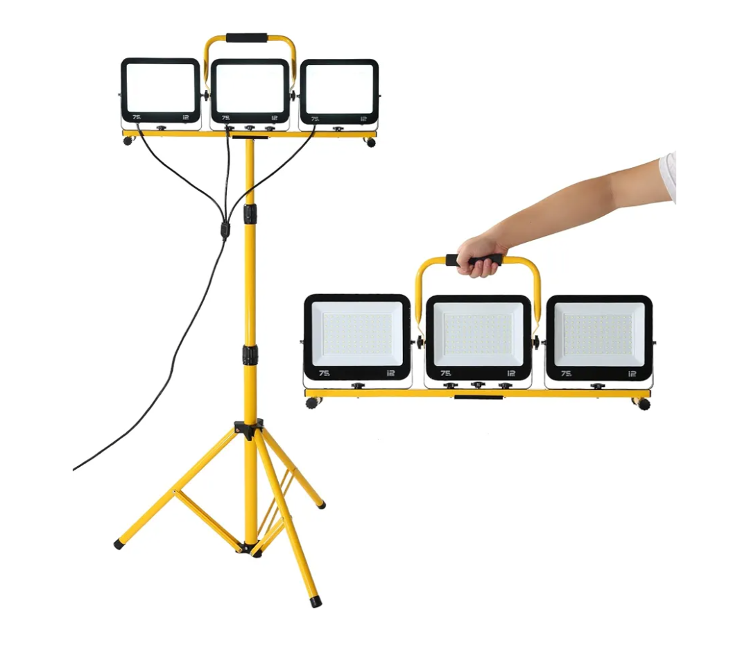 225W 22500 Lumen Work Lights with Stand, Three Head LED Work Light with Individual Switch, 15FT Power Cord, IP66 Waterproof, Adjustable Metal Telescoping Tripod for Indoor and Outdoor