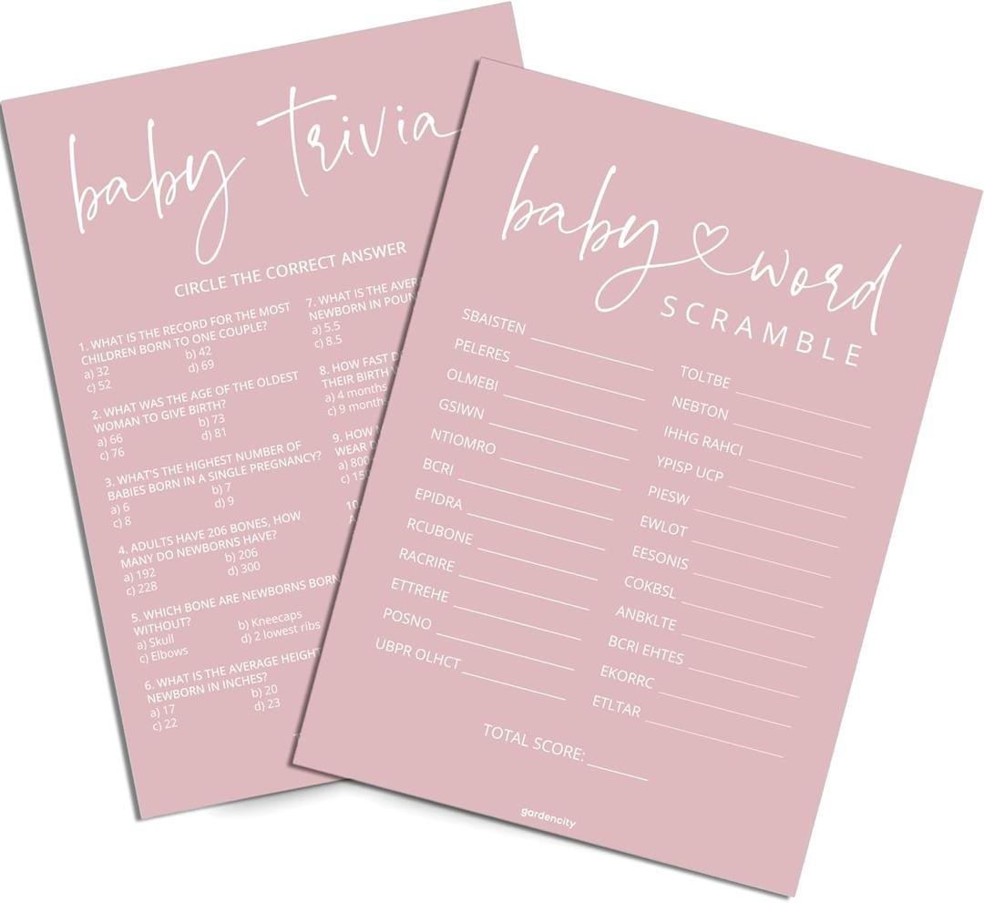 GardenCity Baby Shower Games for Girl Baby Trivia and Word Scramble Game, 50 DoubleSided Cards (Blush Pink, White)