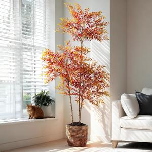 Faux Bamboo Plant Artificial Nandina Tree 5.5FT Artificial Plants Realistic 90% Better Coverage Faux Plant Bamboo Plants Faux Floor Plant in Pot for Home & Office Decor (Red, 5.5ft)