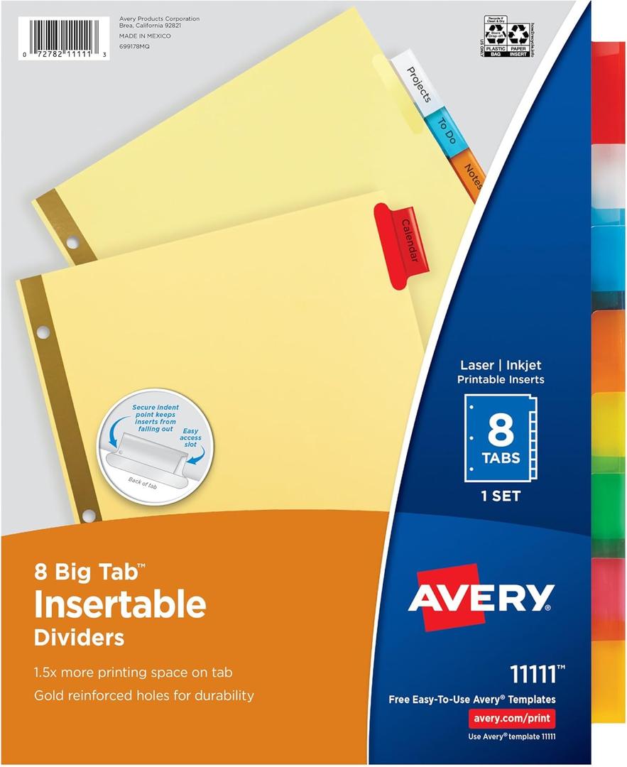 Avery Insertable Dividers for 3 Ring Binders, 8 Tabs per Set, Multicolor Big Tabs, Buff Paper with Gold-Reinforced Holes, Great for Organizing Reports, Projects, and More (11111)