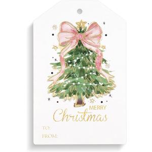 Teling 50 Pcs Christmas Gift Tags with String Pink Bow Merry Christmas Paper Gift Tags Xmas Hanging Label for Happy Holiday for Presents, Modern Paper Xmas Label(Pink Bow)