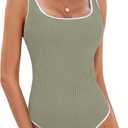 BMJL Women's One Piece Swimsuit Sports Adjustable Strap Bathing Suit Color Block Ribbed High Cut Swimsuits (Large, Army Green029)