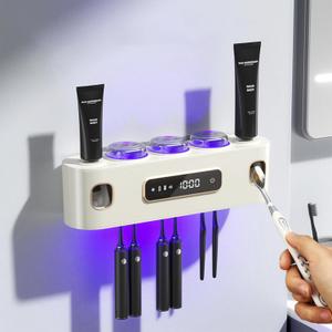 Toothbrush Holders for Bathrooms, Wekity Automatic Toothpaste Dispenser Space Saving Toothbrush and Toothpaste Holder Toothbrush Holder Wall Mounted with 3 Cups (White)