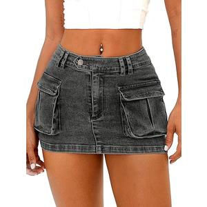 ELLEVEN High Stretchy Cargo Skirt for Women, Low Waist Y2k Mini Skirt Cute Denim Skirt with Pockets M
