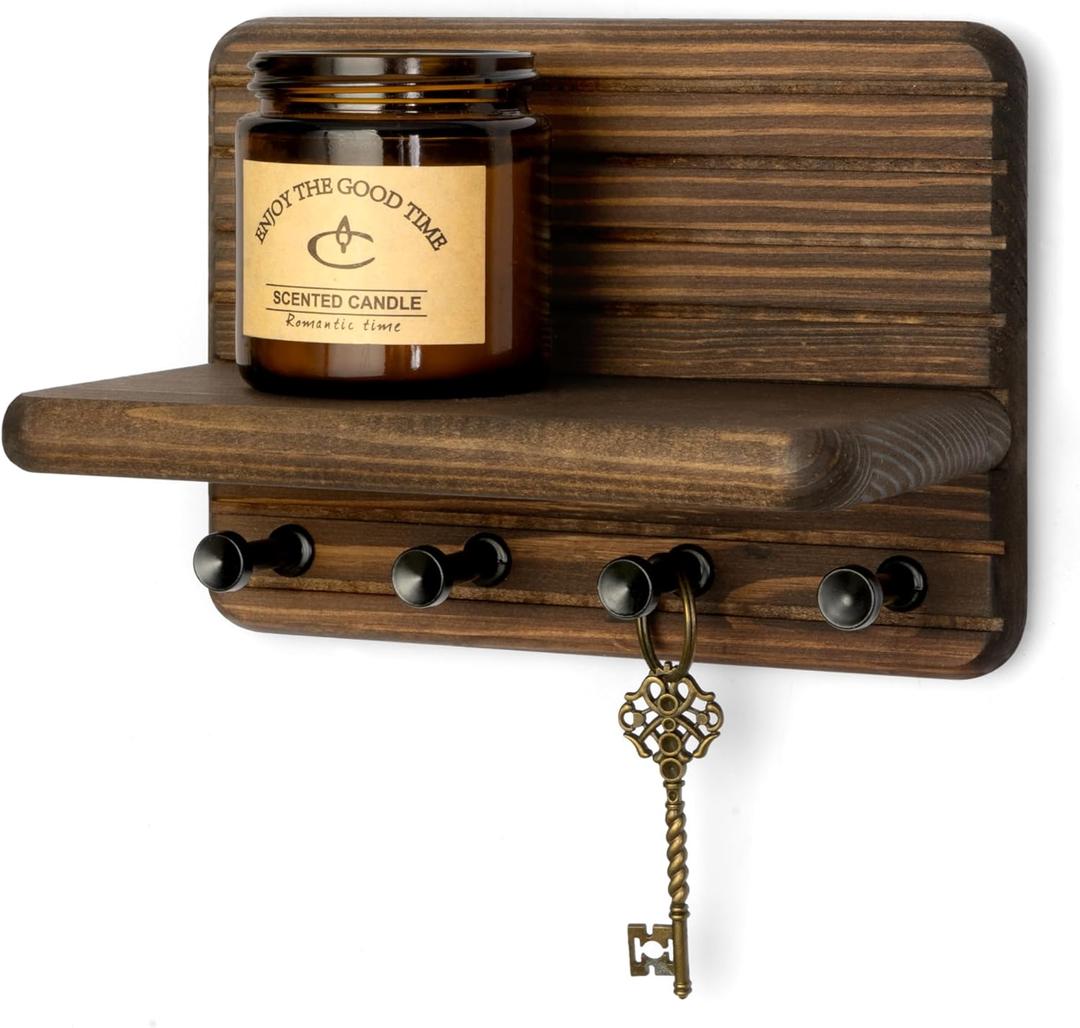 Rebee Vision Small Farmhouse Key Holder Wall Mount for Home Decor  Mini 7-inch Wooden Key Holder for Wall with 4 Hooks & Floating Shelf - Apartment Essentials for a Tidy & Trendy House (Brown)