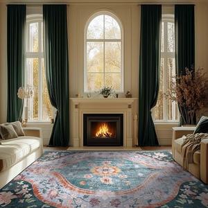 9x12 Area Rugs for Living Room Boho Machine Washable Rugs Low Pile Area Rug Stain Resistant Large Carpet for Bedroom Floral Medallion Soft Rugs (Teal/Multi,9x12ft)