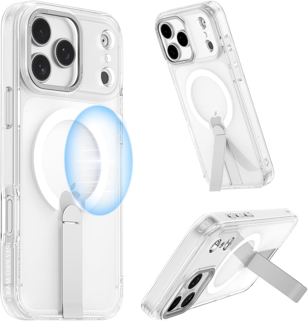 for iPhone 17 Pro Case with Stand, Camera Covered Control, Military-Grade Shockproof Protection, Magnetic Adjustable Kickstand Phone Case for iPhone 17 Pro, Compatible with MagSafe Accessories, Clear