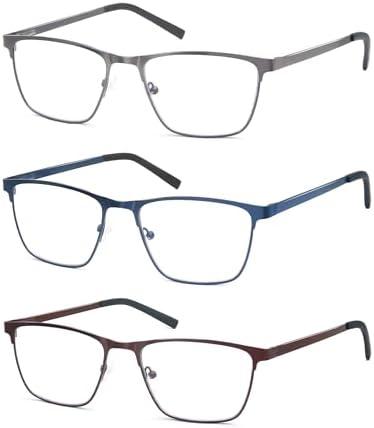 OLOMEE Blue Light Blocking Reading Glasses for Mens Full Metal Square Readers Lightweight Cheaters Reading Glasses 3 Pack 0.75