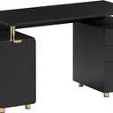 Elegant 56.75" W Executive Desk with 3 Drawers and Storage Cabinet, Modern Office Desk with Gold Accents, Floating Work Surface, Closed Storage with Ventilation & Adjustable Shelf (Black,Gold)