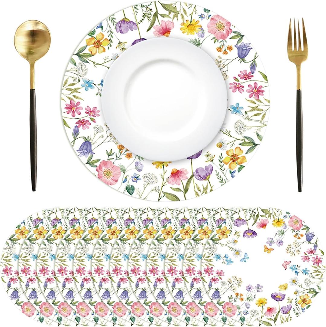 Tarklanda 50 Pcs Floral Placemats Disposable 13.4 Inch Round Paper Placemat Spring Wildflower Decorative Table Mats for Kitchen Dinner Wedding Anniversary Bridal Shower Birthday Party Supplies