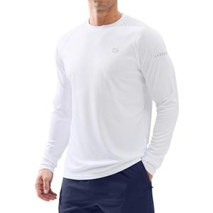 Men's Sun Protection Swim Long Sleeve UPF 50+ Rash Guard Lightweight Shirts | SPF, UV, Workout, Hiking, Fishing, Athletic, Running, Thumb Hole, Reflective Design Shirt (White, M)