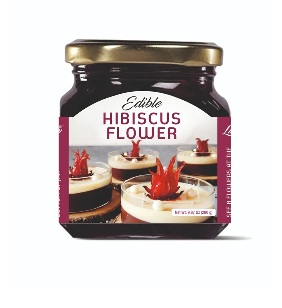 Edible Hibiscus Flowers Packed In Glass Jar, Dessert Topping, 100% Natural with NO Artificial Color & NO Preservatives, 250G, Pack Of 8, Best By: 12/2026