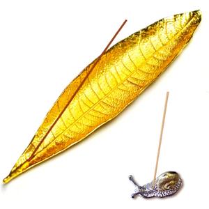 NIIIYTYB 2 Pcs Incense Holder for Sticks Include Leaf and Snail Incense Burner Ash Catcher Stick Holder for Meditation Yoga Home Office Modern Design Tray Decorative Functional (Gold)