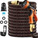 100FT Expandable Garden Hose - with 10-Function Spray Nozzle - Lightweight, Flexible, 3/4" Solid Brass Fittings-champagne
