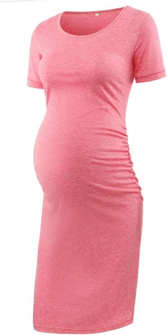 Liu & Qu Women's Maternity Bodycon Ruched Side Dress Casual Short & 3/4 Sleeve Dress for Daily Wearing Or Baby Shower (Medium, B1. Heather Pink)