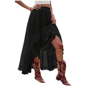 SHENHE Women's Boho Maxi Skirt High Low Asymmetrical Lace Ruffle Hem Flowy Western Skirt, Large