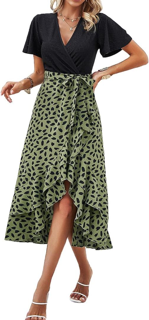 Sundresses for Women, V-Neck Short Sleeve Casual Boho Floral Dress, Ruffle Hem Split with Belt for Beach (Medium, Green)