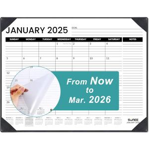 SUNEE Desk Calendar 2025 Large 22x17 with Plastic Cover, Desk Top Calendar from Now to March 2026, Extra Big Desktop Office Calendar 18 Months, Black