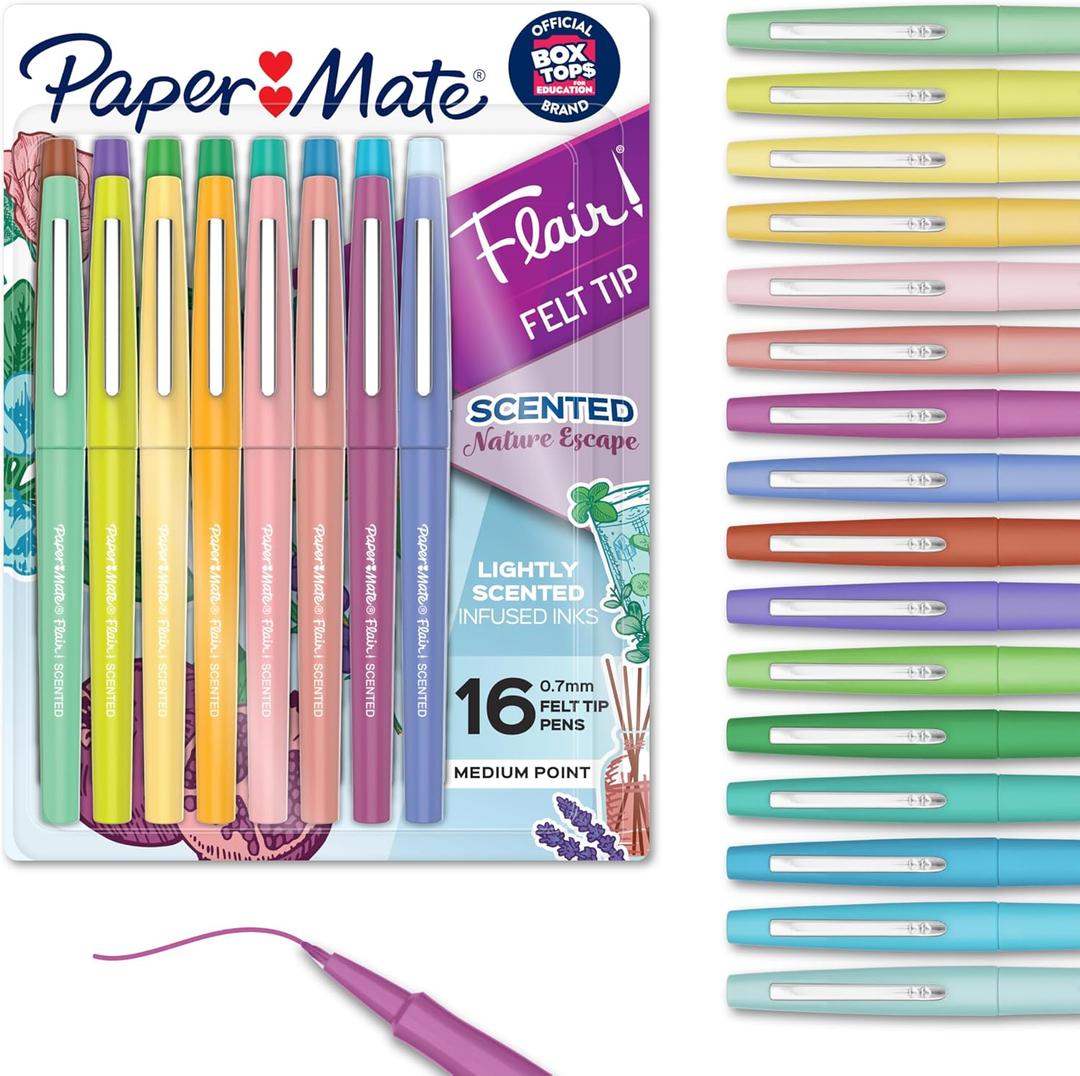 Paper Mate Flair Nature Escape Scented Felt Tip Pens, Medium Point (0.7mm), Assorted Colors, 16 Count - Perfect for Journaling, Writing, Coloring, Teacher Supplies