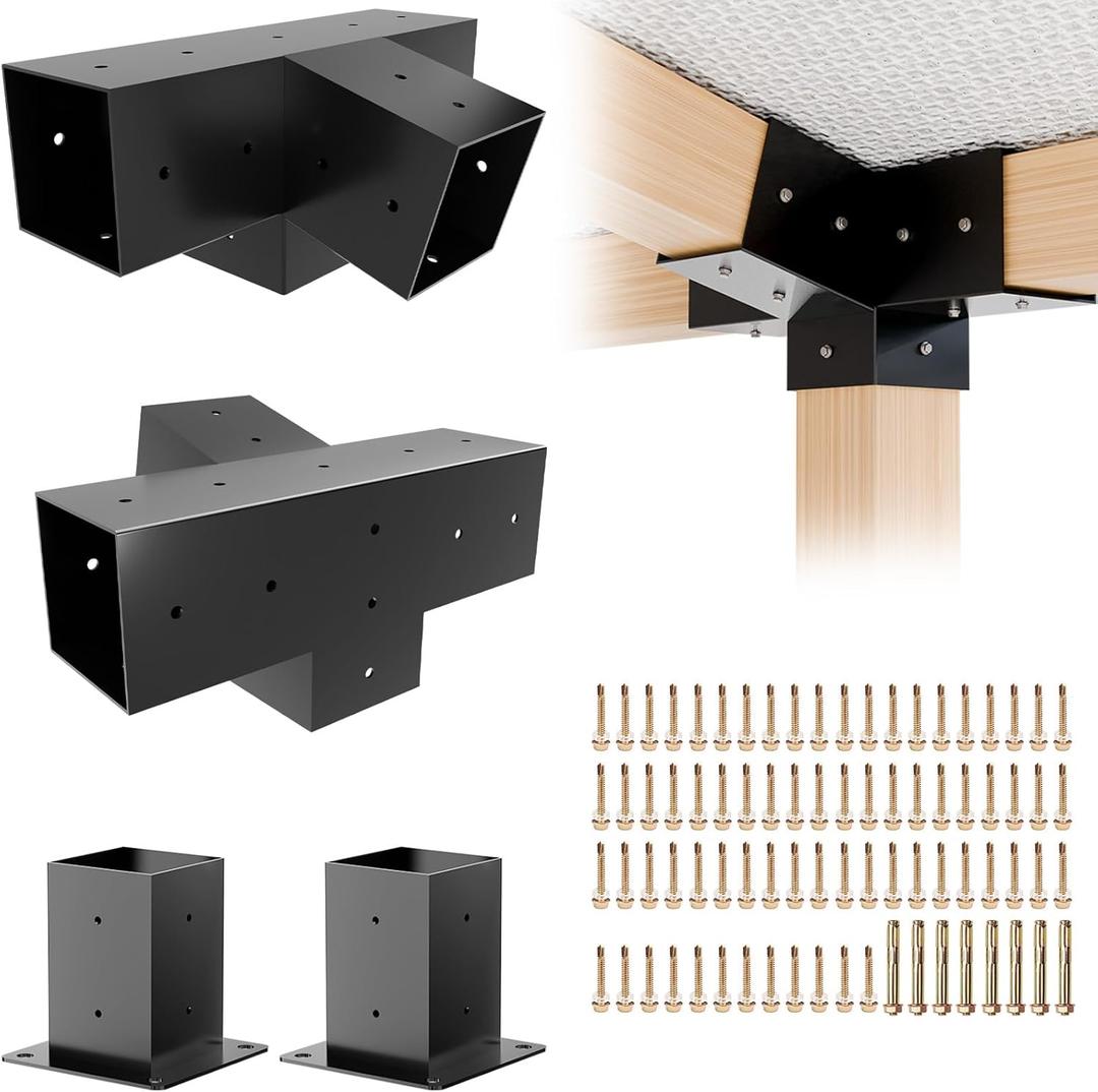 Grehitk Pergola Kit, Slanted Roof Pergola Bracket, 4-Way Brackets with Post Base Kit, Log Cabin Outdoor 4"x 4" (Actual 3.5" X 3.5") Lumber