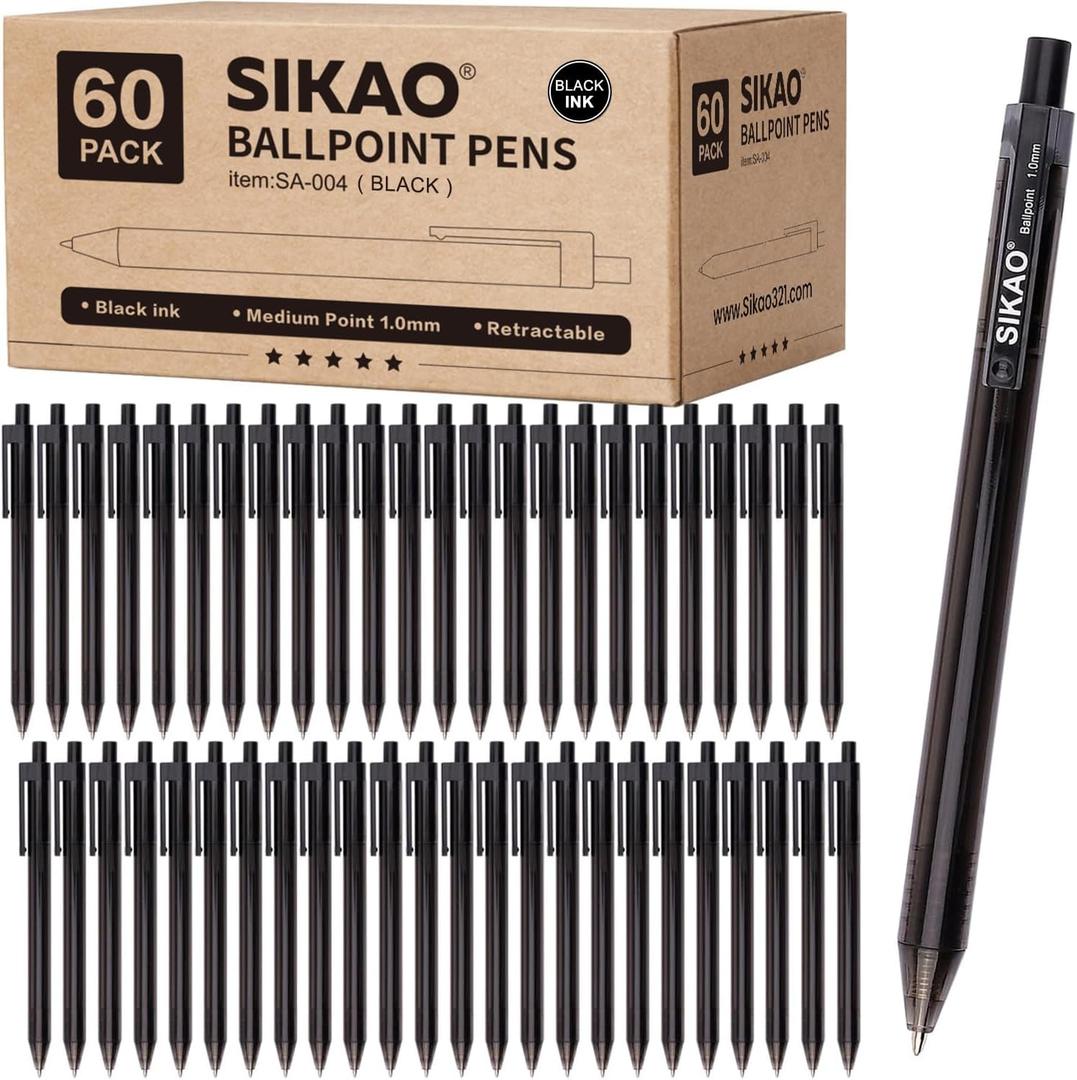 Black Pens Bulk, 60 Pack Retractable Ballpoint Pens, Black Ink 1.0mm Medium Point, Smooth Writing No-Smear, Click Pens for Teachers, Students, Restaurant Servers School & Office Supplies