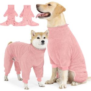 SlowTon Dog Winter Coat - Fuzzy Pullover Pajamas, Soft Fleece Windproof Cold Weather Dog Jacket Cozy Onesie Jumpsuit Outfit 4 Legged Clothes with Leash Hole  (Pink, M) (M (Back: 16.5"))