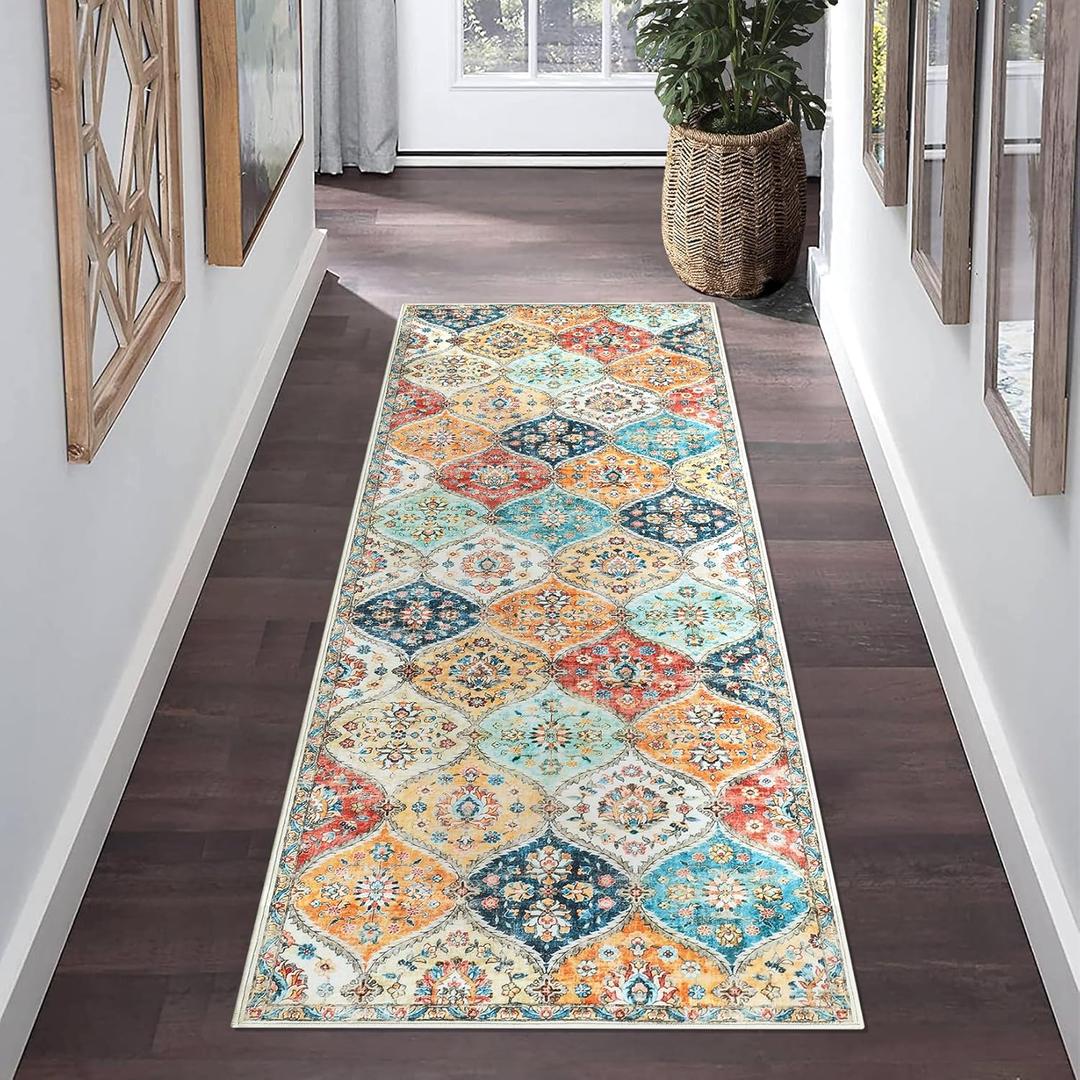 Runner Rug Washable Moroccan Trellis Hallway Runner Rug Entryway Rug, Stain Resistant Non-Slip Vintage Distressed Bedroom Rug Runner Entrance Carpet for Laundry Kitchen, Cream, 2' x 6'