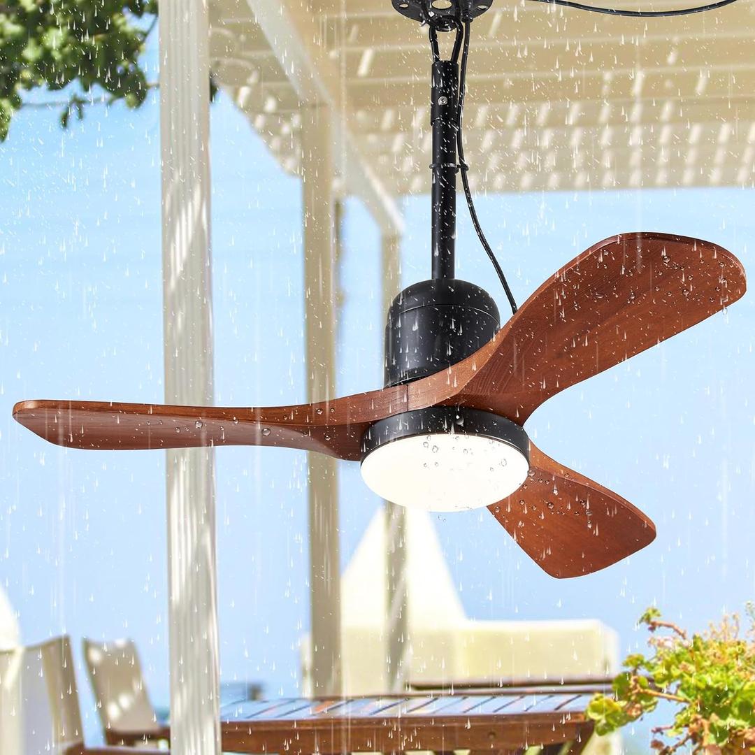 34" Outdoor Ceiling Fan with Light & Remote, Plug-in or Hardwire Gazebo Fan, Waterproof Wet Rated, 3 Walnut Wood Blades, Rustic Farmhouse Hanging Fan for Patio, Porch & Bedroom (Walnut-F235)