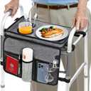 Rhino Valley Walker Tray for Folding Walker, Tray for Walkers with Non-Slip Mat for Food, 3 Front Pockets & 2 Cup Holders, Fits Most Standard Folding Walkers, Walker Accessories for Senior, Gray