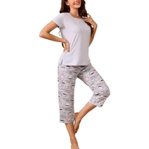 Inadays Womens Pajama Sets Cotton Pj Sets Short Sleeve Top With Capri Pants 2 Piece Sleepwear Comfy Lounge Set, Large