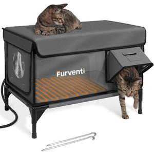 Outdoor Heated Cat House in Winter,Extremely Insulated & Weatherproof,Elevated Feral Cat Shelter with Waterproof Eaves & Escape Door for Outside Stray Barn Cat (Dark Grey,M) (23.6"L x 16.5"W x 18.5"H)