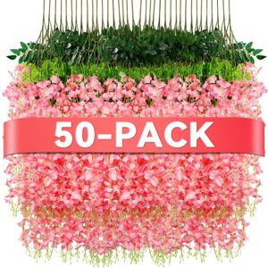 Alotiki Wisteria Hanging Flowers,50 Pack Fake Hanging Flowers,Wisteria Artificiales Garland for Home Wedding Arch Floral Party Garden Ceremony Outdoor Decor,3.6 Feet Long(50,Pink)