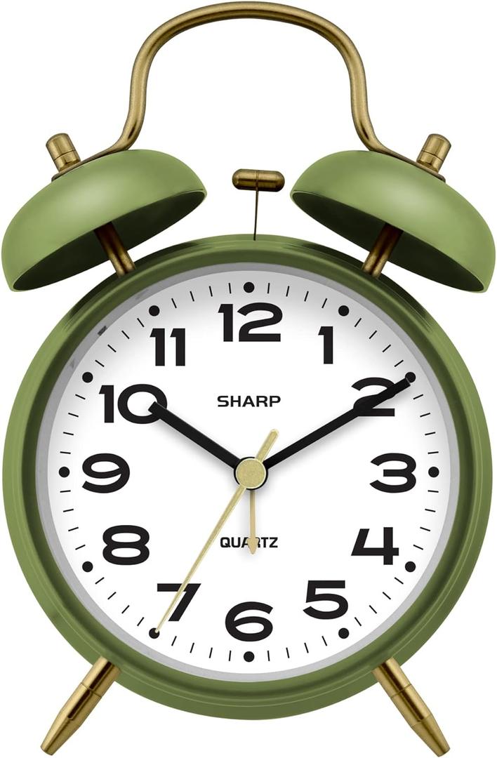 Sharp Twin Bell Alarm Clock, Loud Alarm Great for Heavy Sleepers - Stylish Matte Finish with Rustic Bronze Accents, Battery Operated (Matte Sage)