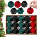 Christmas Tree Ornaments Set Velvet Balls, 15pcs Shatterproof Christmas Bulbs Ornaments for Xmas Tree Decorative Hanging, Vintage Flocked Decoration, 58mm, 2.3in, Multicolor Green Red Black
