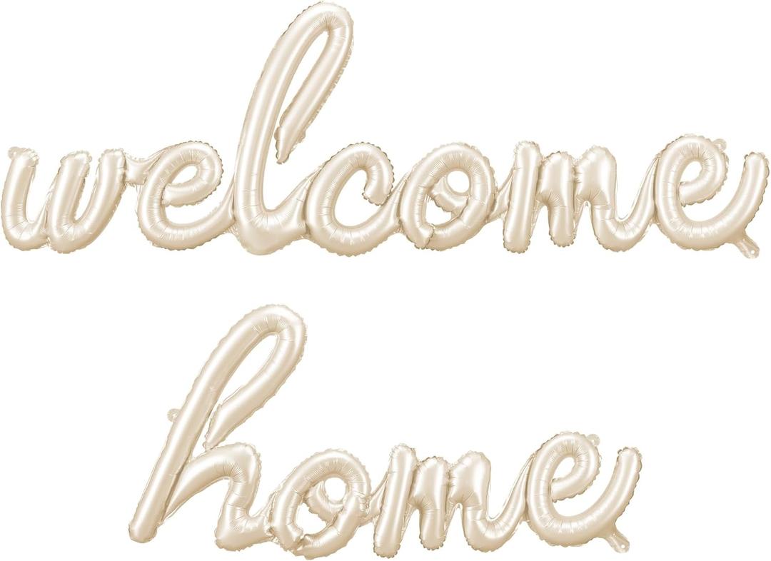 Welcome Home Balloons Banner PartyDeco 101.5 x 21.5 Inch Welcome Home Foil Balloon Script, Satin Finish Decoration for New Baby, Baby Shower, Homecoming Party Decor, Air Inflated No Helium