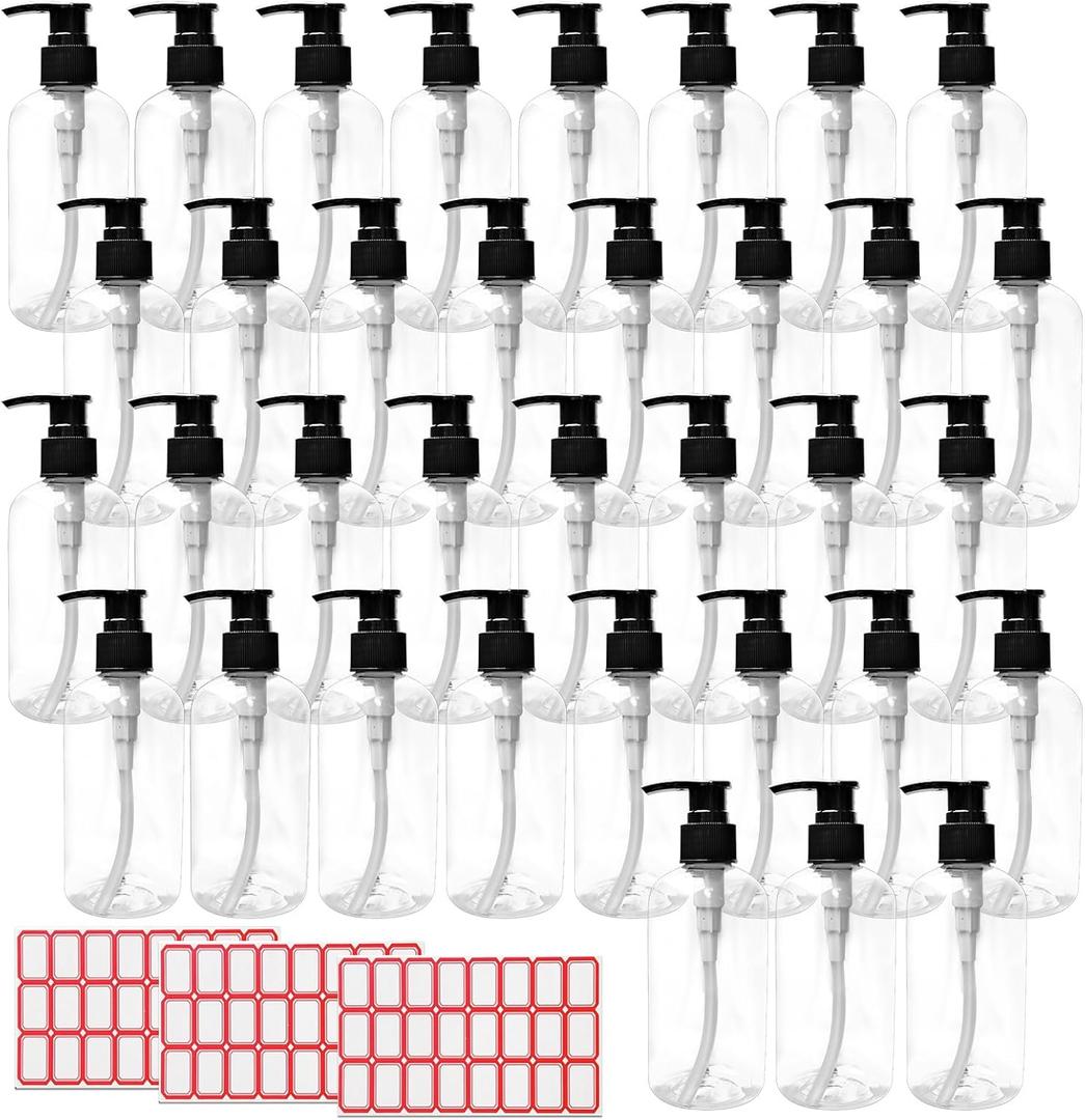 35 Pcs 10 oz Plastic Pump Bottle Dispenser with Labels, Empty Lotion Clear Bottle with Pump Portable Refillable Travel Container for Hand Soap Lotion Shampoo Body Wash Conditioner