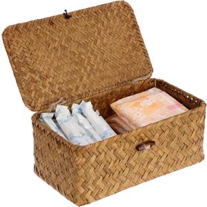 Sumnacon Wicker Basket with Lid Rectangle Woven Baskets for Toiletries Tampon Storage,Wicker Storage Basket with Lid,Decorative Seagrass Storage Baskets for Shelf Bathroom Toilet Table, Caramel