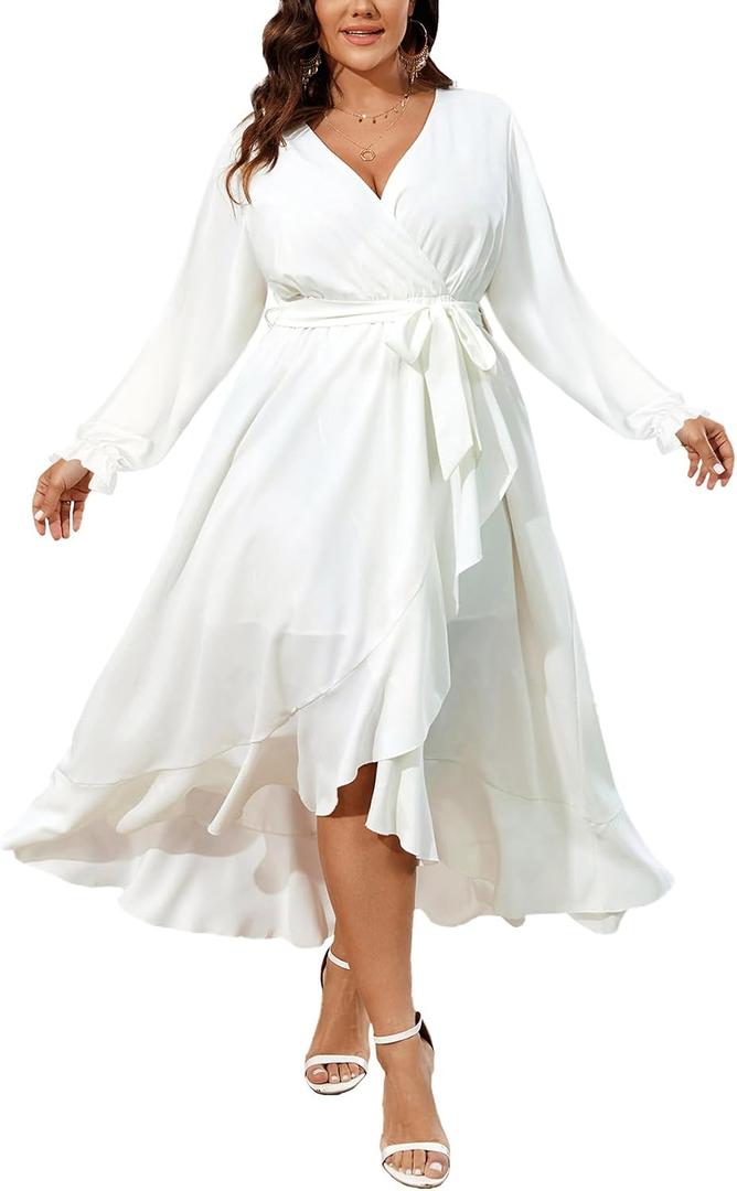 SCOMCHIC Women Plus Size Formal Dresses Fall Long Sleeve Faux Wrap V Neck High Low Ruffle Cocktail Wedding Guest Maxi Dress Size: 4X-Large Plus