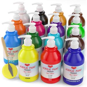 15 Colors Large Bulk Acrylic Paint Set (10 oz,300 ml) Art Painting Supplies for Multi Surface Canvas Wood Leather Fabric Rock Craft, Non Toxic Paint for Kid & Adult with Pump, Color Wheel