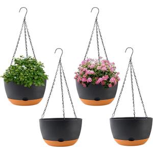 KPUVX 4 Pack Plastic Hanging pots for Plants Indoor,8 Inch Plant Pot Indoor Outdoor Hanging Baskets,Hanging Flower Pots with Drainage Holes and Chain for Garden Porch Plants (Black)