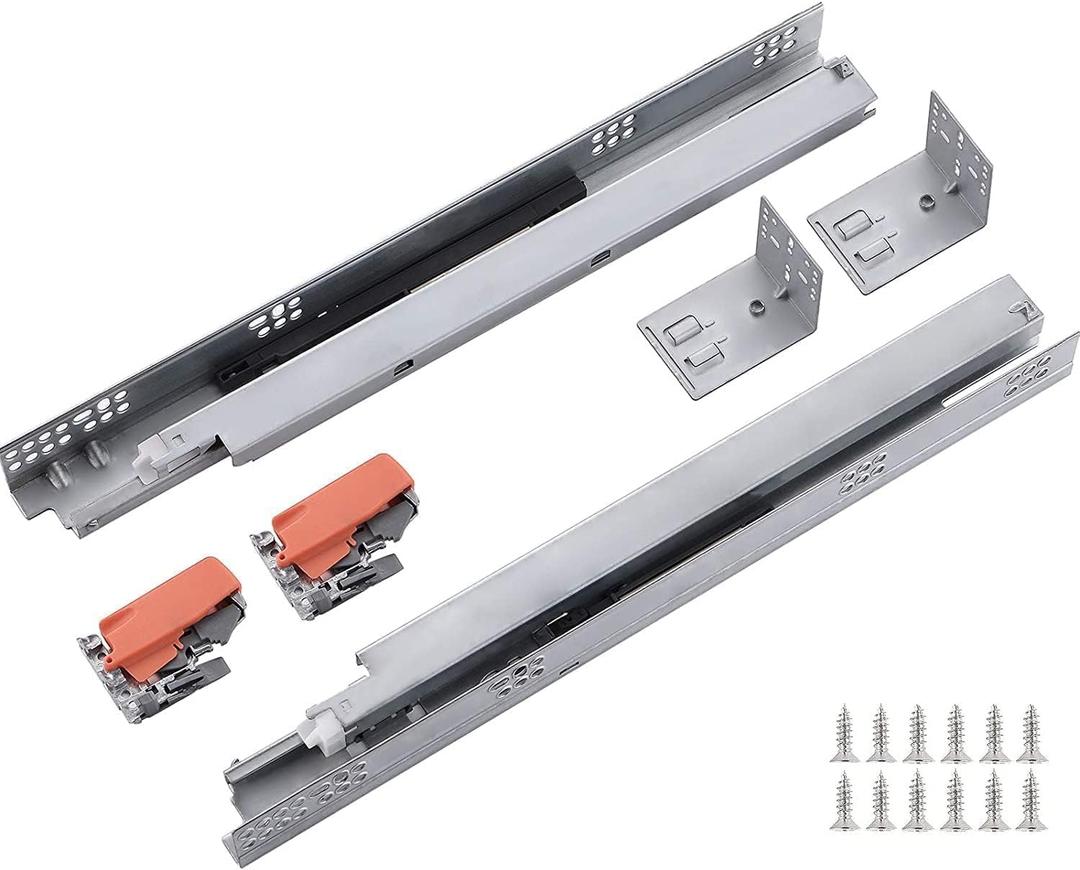 1 Pair 15 Inch Ball Bearing Full Extension Soft Close Undermount Drawer Slides, Bottom Mount Slow Self Closing Cabinet Metal Drawer Rails with Runner, Locking Device, Back Bracket and Screws