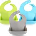 Silicone Bibs for Babies Toddler Set of 3, BPA Free, Soft Adjustable Waterproof Bibs for Feeding Essentials (Grey)