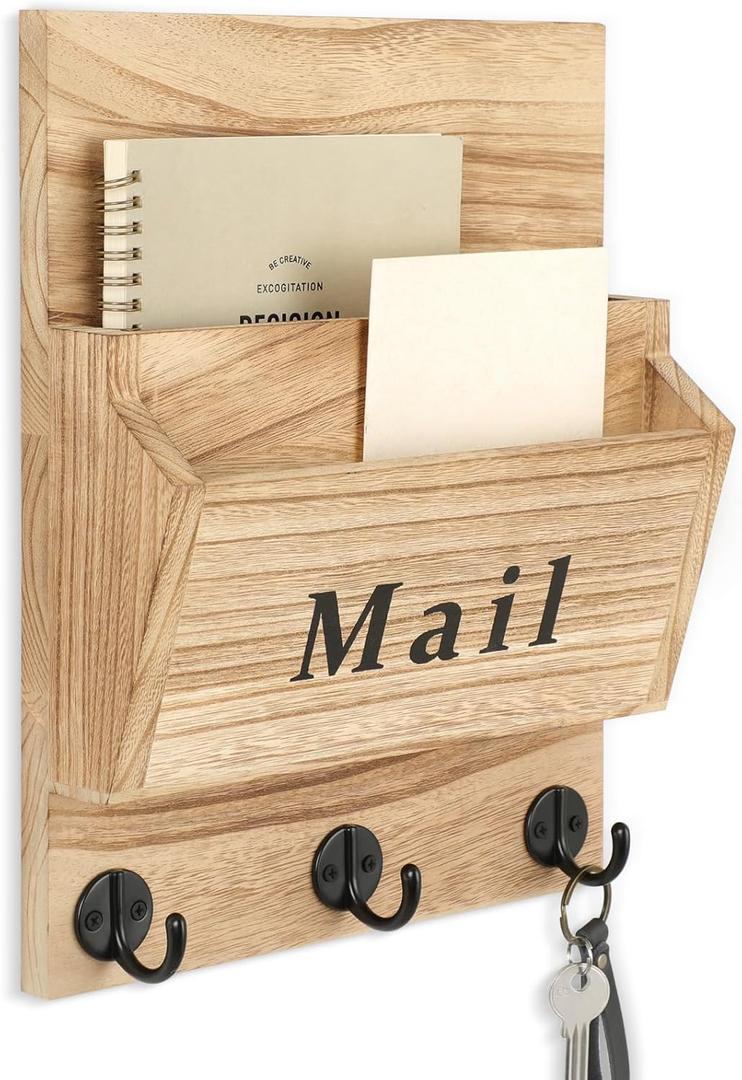 Mail and Key Holder - Decorative 9.8" x 12.5" Wall Key Hanger with 2 Mail Organizer Slots and 3 Hooks - Real Paulownia Wood with Keyhole Brackets, Hardware and Instructions (Wood)