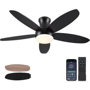 48 Inch Ceiling Fan with Light, Black Flush mount Ceiling Fan with Remote and APP Control, Dimmable and 6 Wind Speed, Modern Low Profile Fan Light for Bedroom, Covered Outdoor