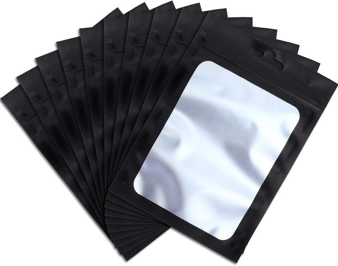 Boao 100 Pieces Resealable Foil Food Storage Bags with Clear Window Coffee Beans Candy Packaging Pouch for Food Small Business Supplies for Jewelry Self Sealed Storage Bags(7 x 10.2 Inch,Black)