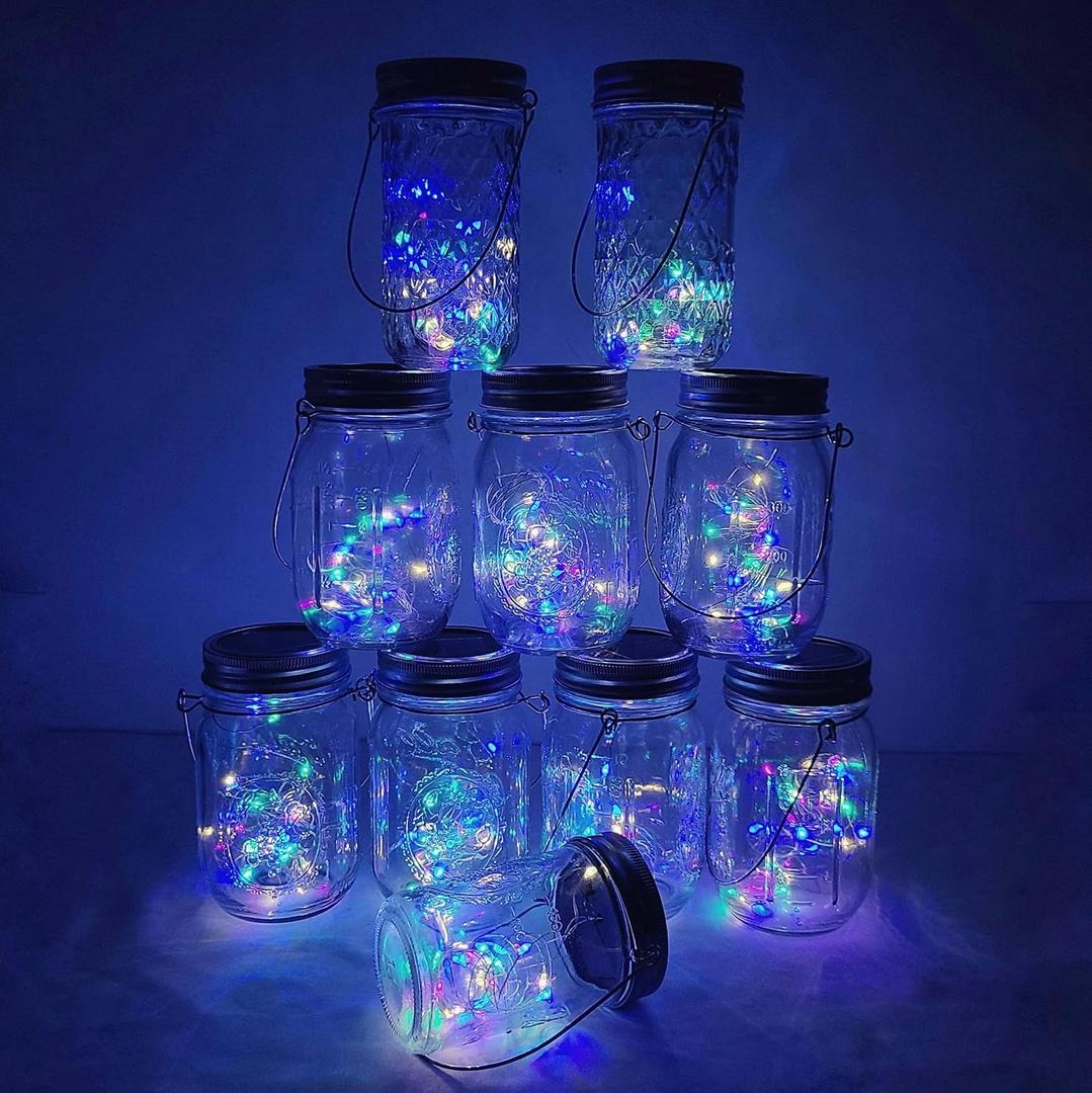 Solar Mason Jar Lights, 10 Pack 30 LED Fairy Star Firefly String Lids Lights with 10 Hangers for Patio Yard Garden Party Wedding Christmas Decoration(Jars Not Included) (10 Pack, Colorful)