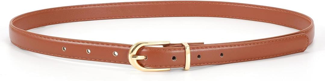 JASGOOD Womens Thin Leather Belt Skinny Faux Leather Belt for Jeans Dress with Gold Alloy Buckle, Brown/ Fit Waist Size 31-37 inch