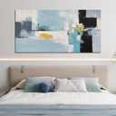 Large Abstract Wall Art Black and White Textured Blue Oil Painting 29"x58"